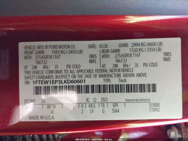 1FTEW1EP3LKD60601 Ford F-150 Lariat