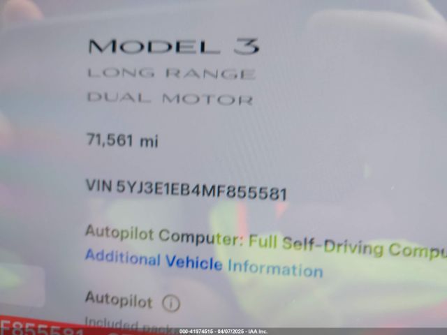 5YJ3E1EB4MF855581 Tesla Model 3 Long Range Dual Motor All-wheel Drive