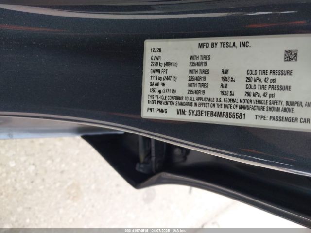 5YJ3E1EB4MF855581 Tesla Model 3 Long Range Dual Motor All-wheel Drive