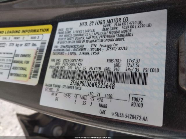 3FA6P0LU6KR225648 Ford Fusion Hybrid Se