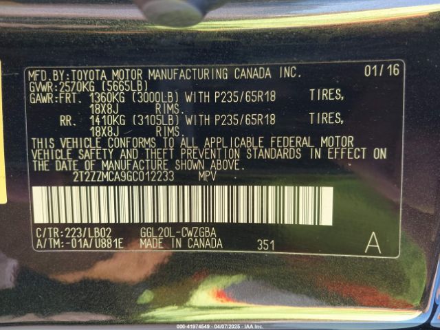 2T2ZZMCA9GC012233 Lexus RX 350