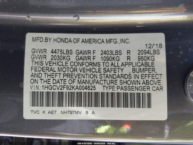 1HGCV2F92KA004825 Honda Accord Touring 2.0t