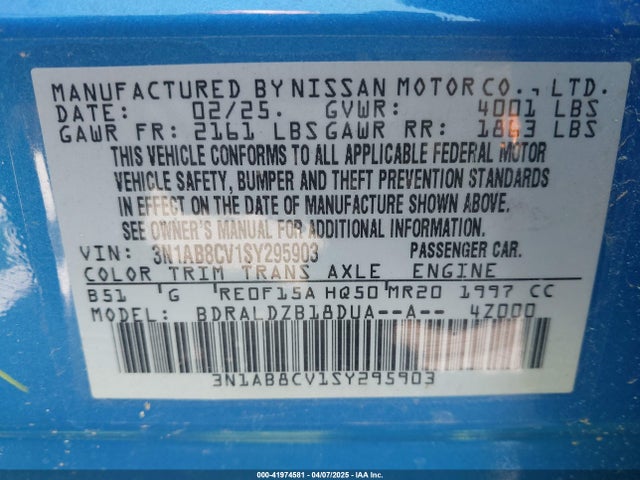 3N1AB8CV1SY295903 Nissan SENTRA SV