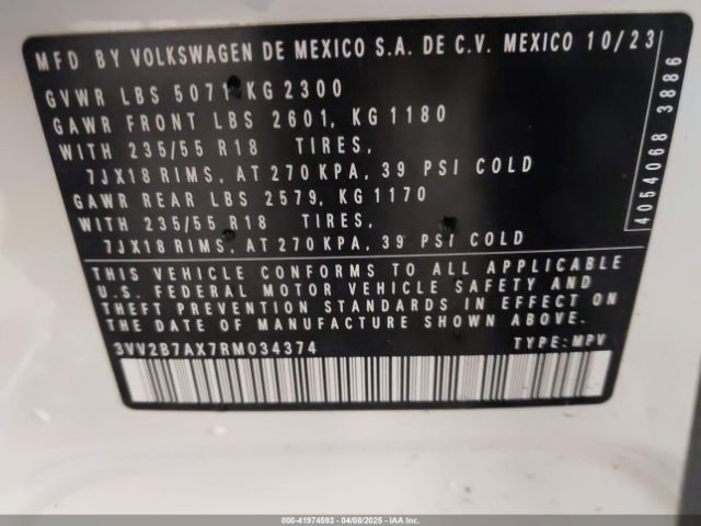 3VV2B7AX7RM034374 Volkswagen Tiguan 2.0t Se/2.0t Wolfsburg Edition