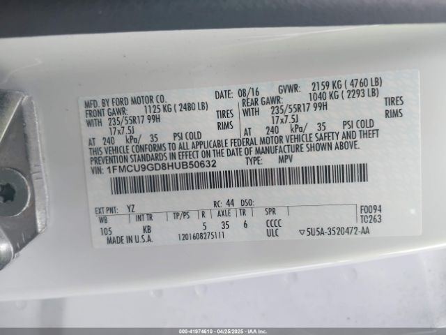 1FMCU9GD8HUB50632 Ford ESCAPE SE
