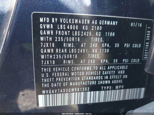 WVGAV7AX0GW581352 Volkswagen TIGUAN SE