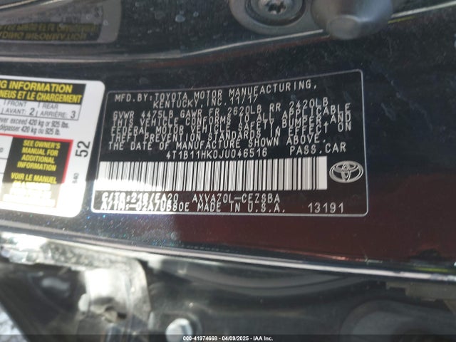 4T1B11HK0JU046516 Toyota CAMRY SE