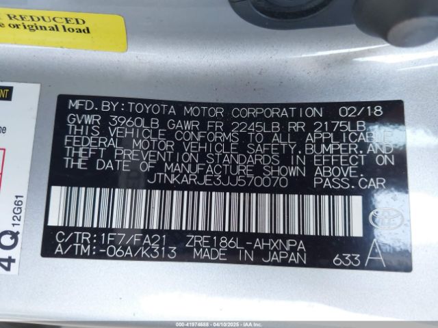 JTNKARJE3JJ570070 Toyota COROLLA IM