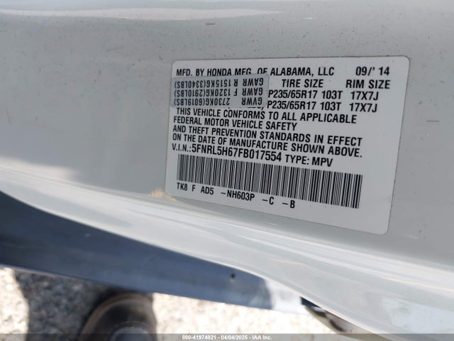 5FNRL5H67FB017554 Honda Odyssey Ex-l
