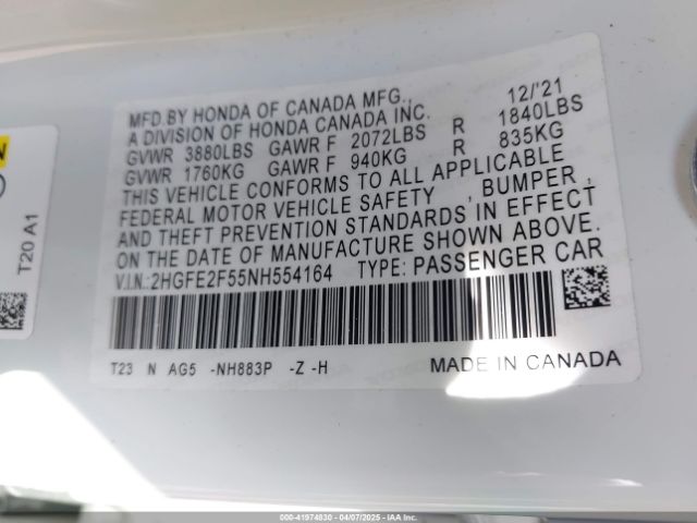 2HGFE2F55NH554164 Honda Civic Sport