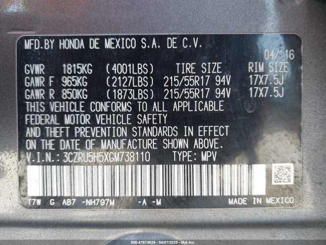 3CZRU5H5XGM738110 Honda HR-V EX