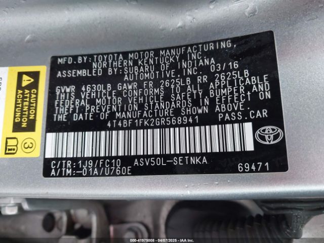 4T4BF1FK2GR568941 Toyota CAMRY LE