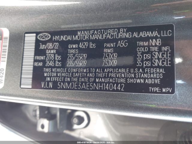 5NMJE3AE5NH140442 Hyundai Tucson Limited