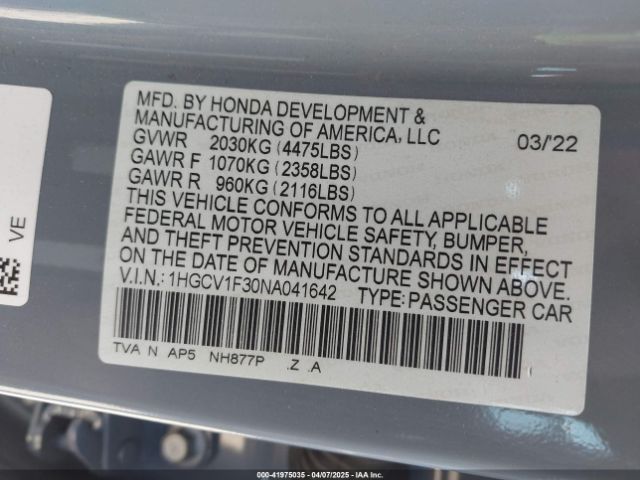 1HGCV1F30NA041642 Honda Accord Sport