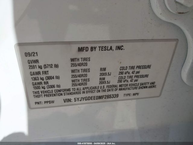 5YJYGDEE0MF265339 Tesla Model Y Long Range Dual Motor All-wheel Drive
