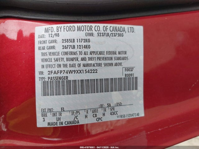 1999 FORD CROWN VICTORIA 2FAFP74W9XX154222 Photo 8