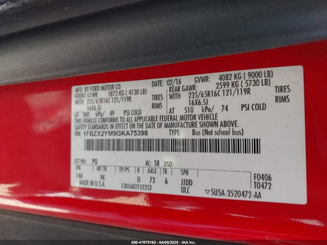 1FBZX2YM9GKA75398 Ford Transit-350 Xl