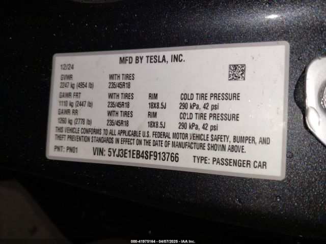 5YJ3E1EB4SF913766 Tesla Model 3 Long Range All-wheel Drive