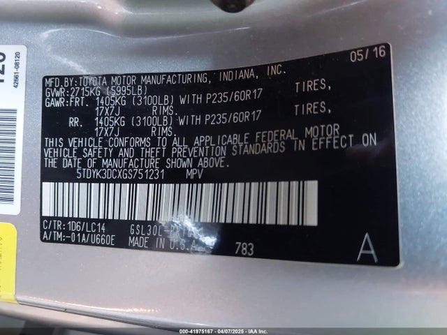 5TDYK3DCXGS751231 Toyota Sienna Xle 8 Passenger