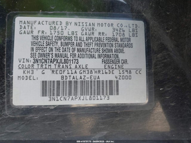 3N1CN7APXJL801173 Nissan Versa 1.6 S+
