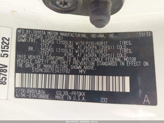5TDYK3DC7ES431782 Toyota Sienna Xle V6 8 Passenger