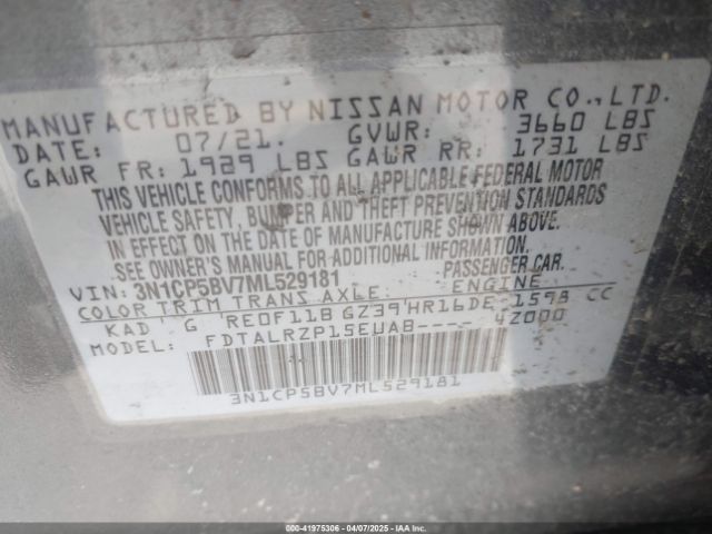 3N1CP5BV7ML529181 Nissan Kicks S Xtronic Cvt