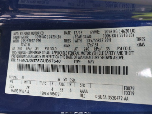 41975434 :رقم المزاد ، 1FMCU0G75GUB97640 vin ، 2016 Ford Escape Se مزاد بيع
