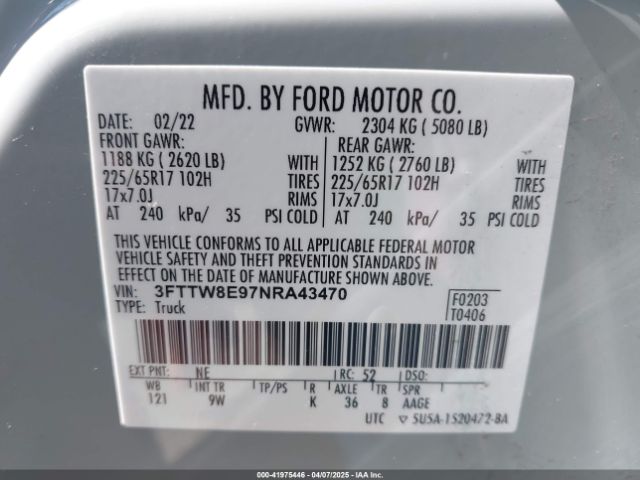 3FTTW8E97NRA43470 Ford Maverick Xl