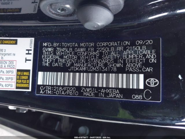 JTDKAMFU2M3134178 Toyota Prius Le