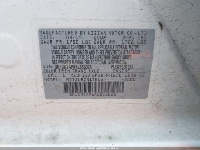 3N1CN7AP6KL853028 Nissan Versa 1.6 Sv