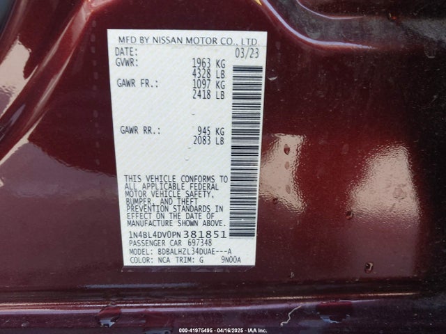 1N4BL4DV0PN381851 Nissan Altima Sv Fwd