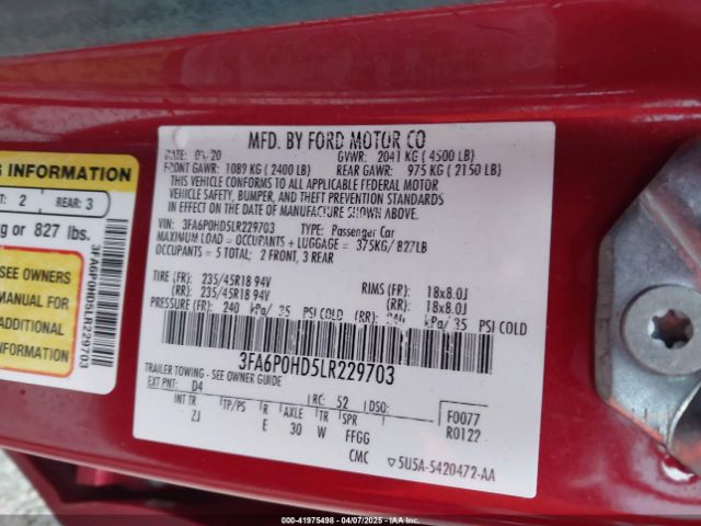 3FA6P0HD5LR229703 Ford FUSION SE