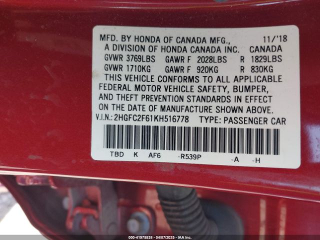 2HGFC2F61KH516778 Honda Civic Lx
