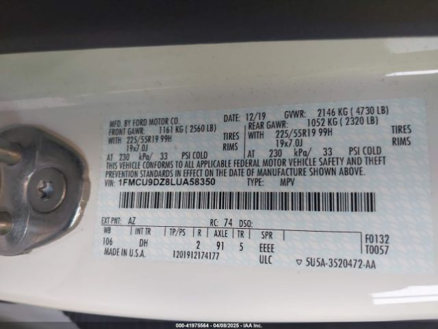 1FMCU9DZ8LUA58350 Ford Escape Titanium Hybrid