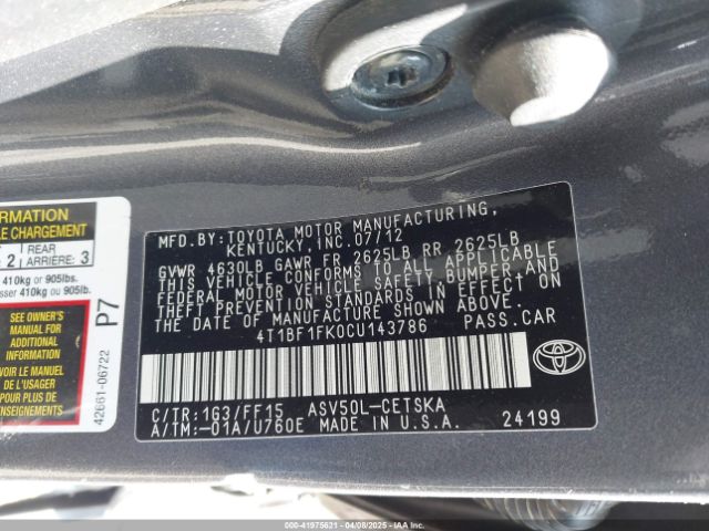 2012 TOYOTA CAMRY 4T1BF1FK0CU143786 Photo 8