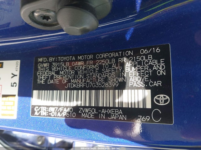 JTDKBRFU7G3528399 Toyota Prius Two