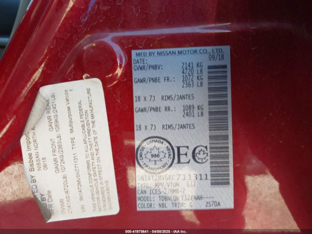 5N1AT2MV6KC711311 Nissan Rogue S/sl/sv