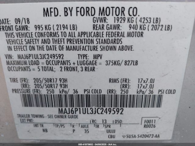 MAJ6P1UL3JC249592 Ford Ecosport Se
