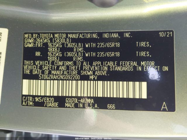 5TDGZRAH2NS092200 Toyota Highlander Xle