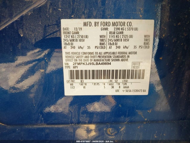 Ford EDGE SEL 2020 2FMPK3J95LBA49894 Image 9
