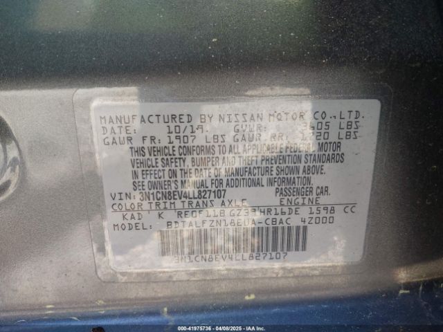 3N1CN8EV4LL827107 Nissan Versa Sv Xtronic Cvt