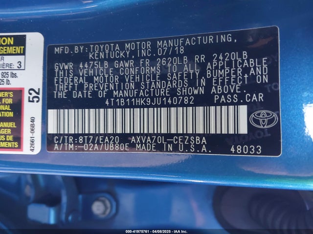 4T1B11HK9JU140782 Toyota CAMRY SE