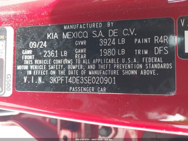 3KPFT4DE3SE020901 KIA K4 Lxs