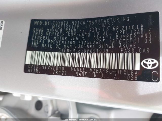 5YFB4MDE3RP091939 Toyota COROLLA LE