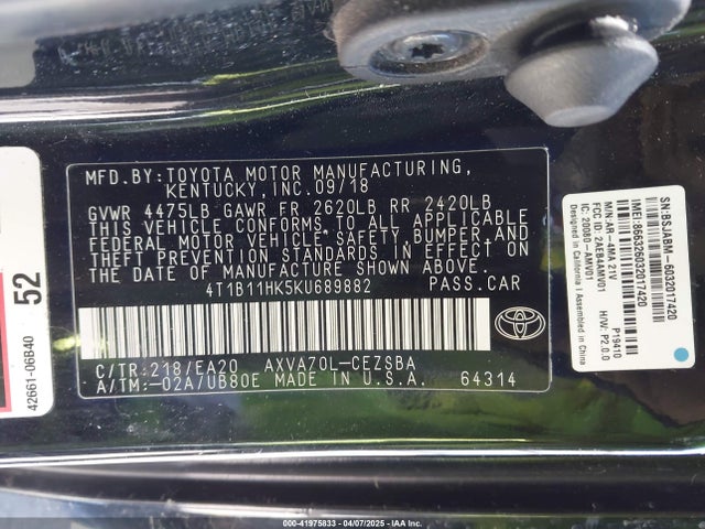 4T1B11HK5KU689882 Toyota CAMRY SE