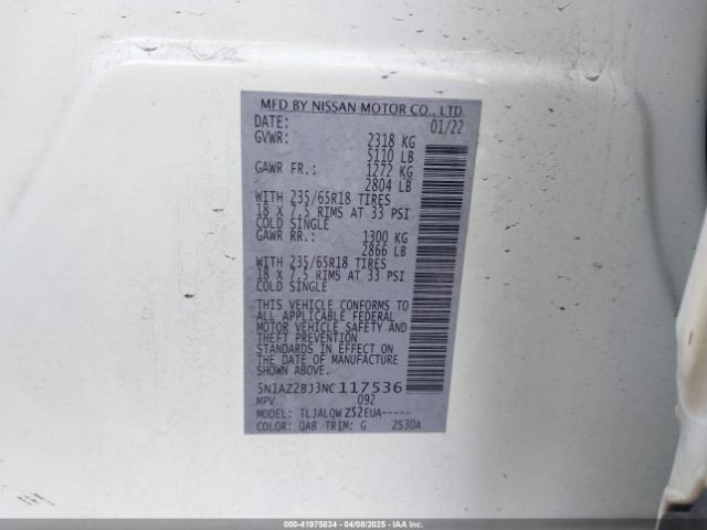 5N1AZ2BJ3NC117536 Nissan Murano Sv Fwd