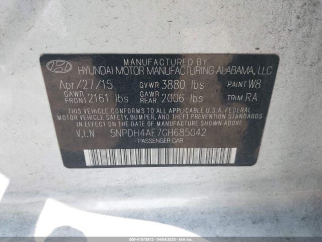 5NPDH4AE7GH685042 Hyundai ELANTRA SE
