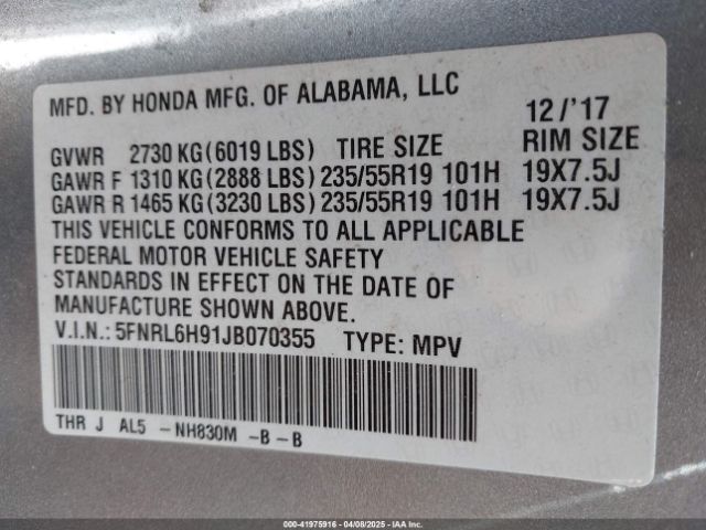 5FNRL6H91JB070355 Honda Odyssey Elite