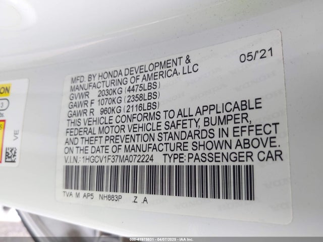 1HGCV1F37MA072224 Honda Accord Sport