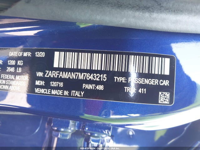 ZARFAMAN7M7643215 Alfa Romeo Giulia Rwd